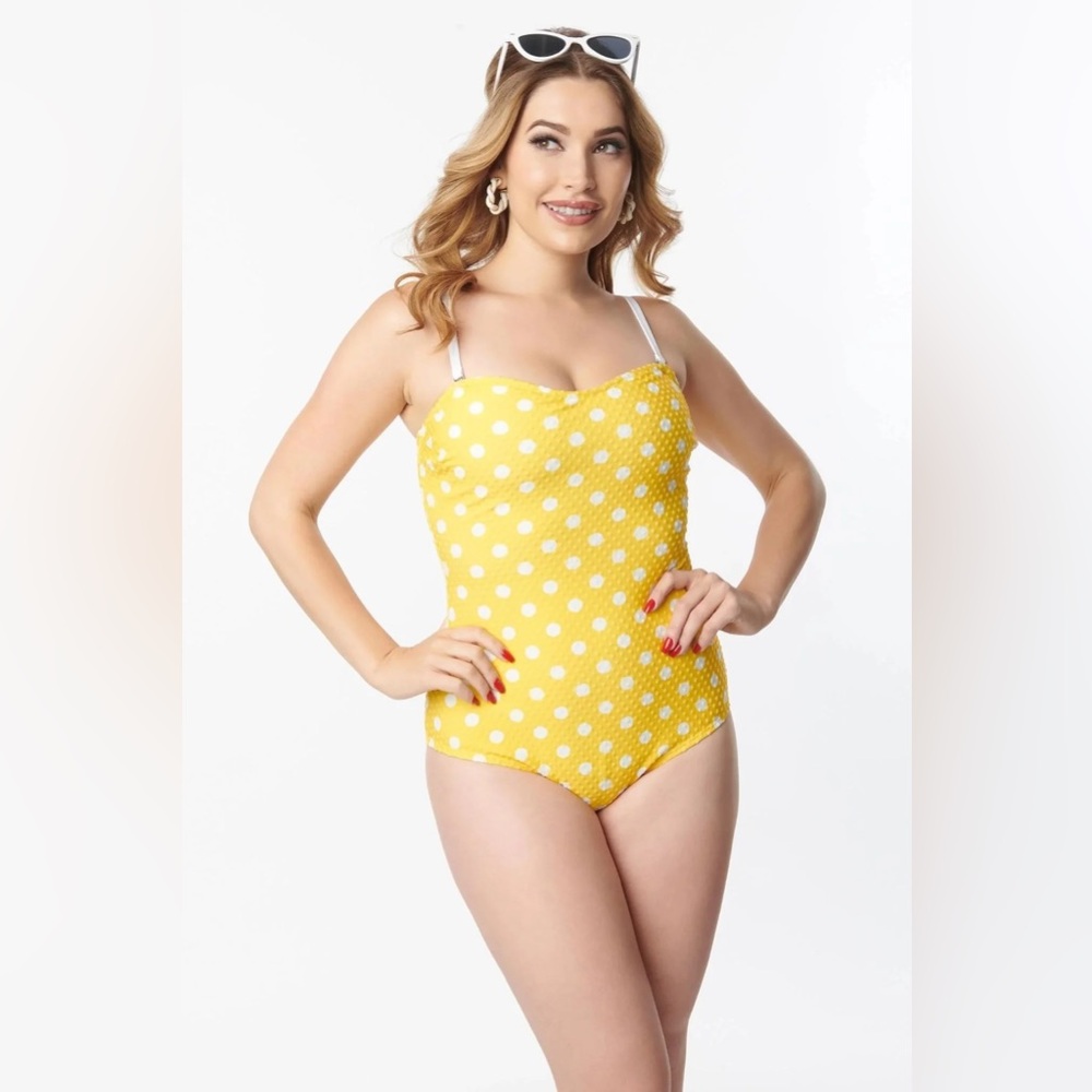 Unique Vintage Yellow and White Polka Dot swimsuit